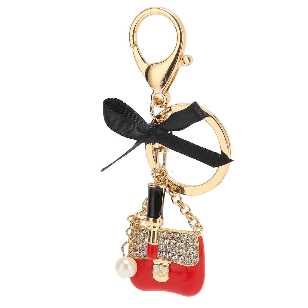 Damen Legierung Strass Schlüsselanhänger Exquisit Niedlich Schleife Handtasche Lippenstiftförmiger Anhänger Schlüsselring Dekoration Rot