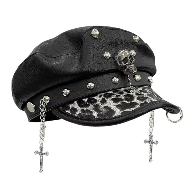 2000s Punk Rivet Studded Cricket Cap With Skull Crossed Decor Beret Hat For Women Western Theme Party Casual Outfit Accessory