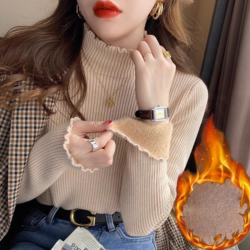 Women's Winter Fleece-Lined Half-High Neck Knit Top Elastic Tight-Fit Thickened Warm Sweater with Ruffled Trim