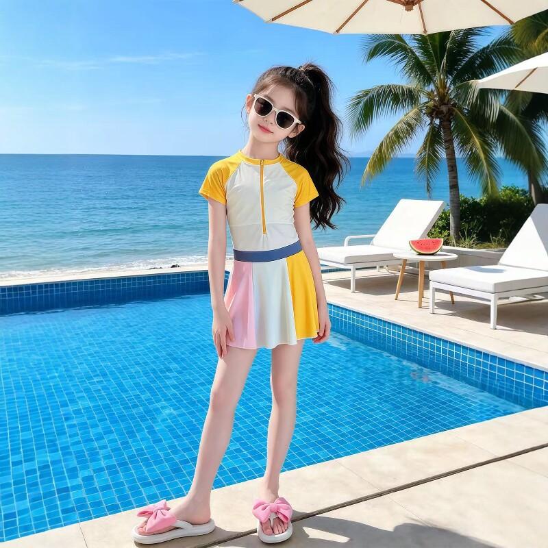 Girls Block One Piece Swimsuit Dress Middle Child Spring Beach Vacation Swimming Suit Set