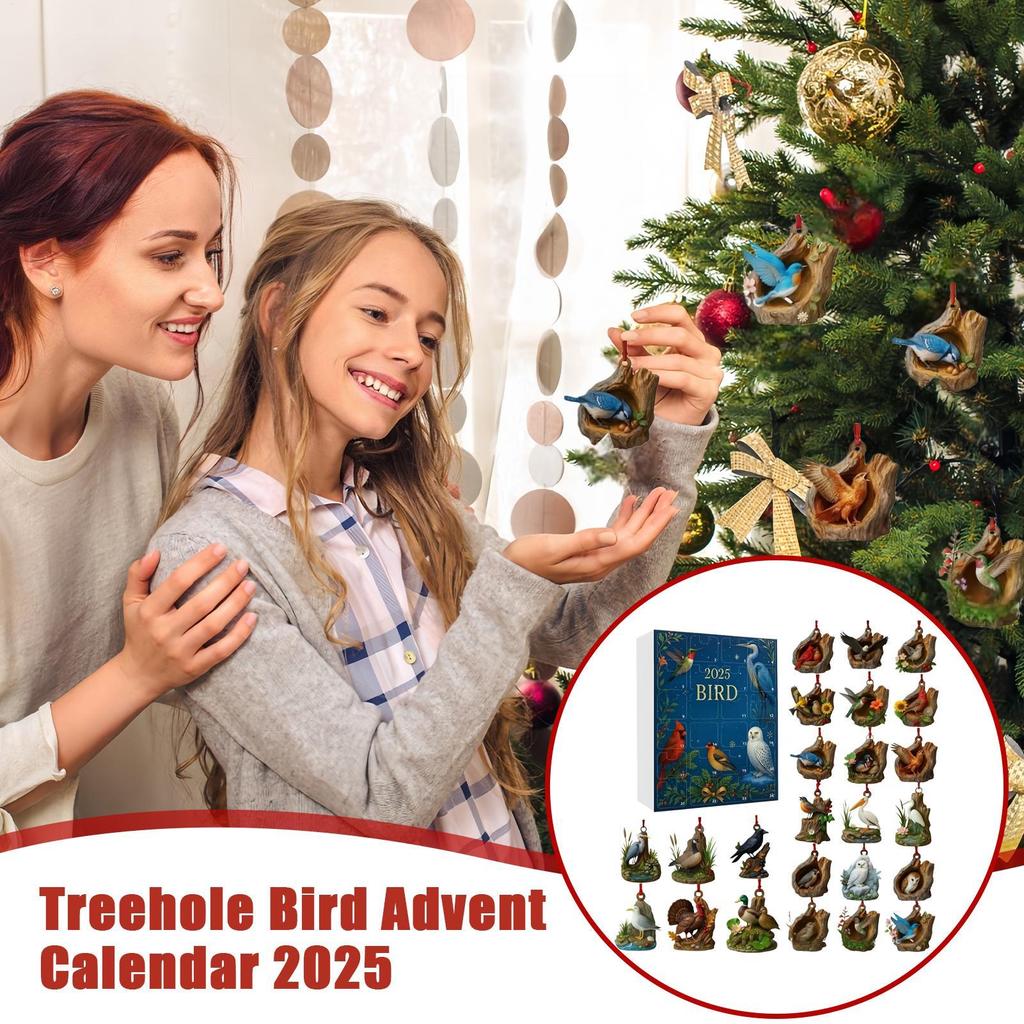 2025 Tree Hole Bird Advent Calendar 24 Day Christmas Countdown Calendar 2D Flat Tree Hole Bird Hanging Decoration