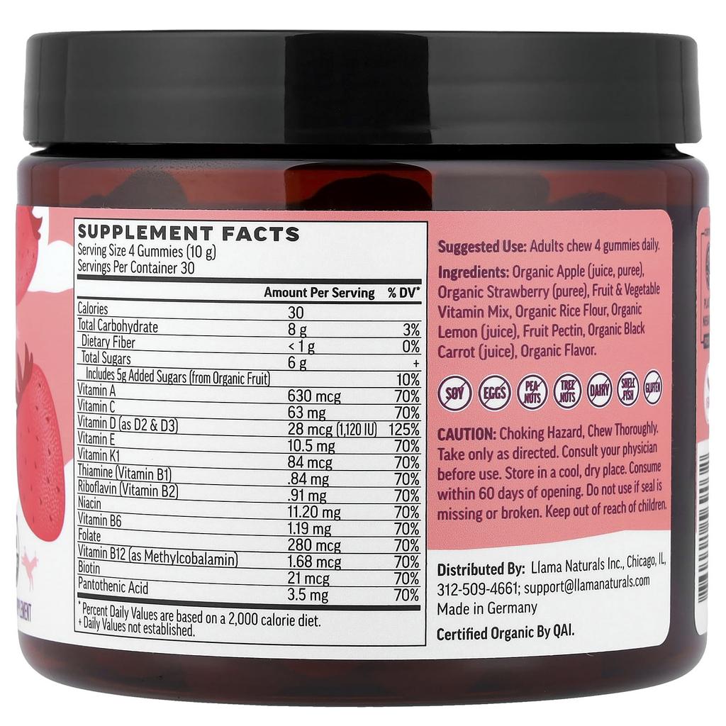 Llama Naturals, Vegan Multifruit Gummies for Adults, Strawberry Jam, 120 Gummies