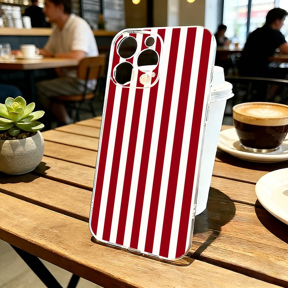 B-Burgundy White Stripe P-pattern Phone Case Transparent Silicone Soft For iPhone 17 16 15 14 13 12 11 Mini Pro Max Plus