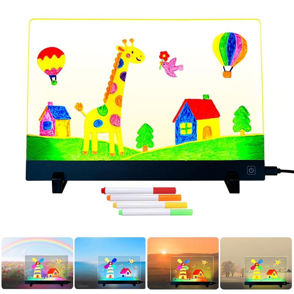 LED Drawing Board for Kids Gift, 20 X 30cm USB Powered Erasable Acrylic Illuminated Writing Tablet with Stand and Color Pencils