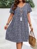 Women's Floral Print V-Neck Short Sleeve Bohemian Dress with Geometric Patterns