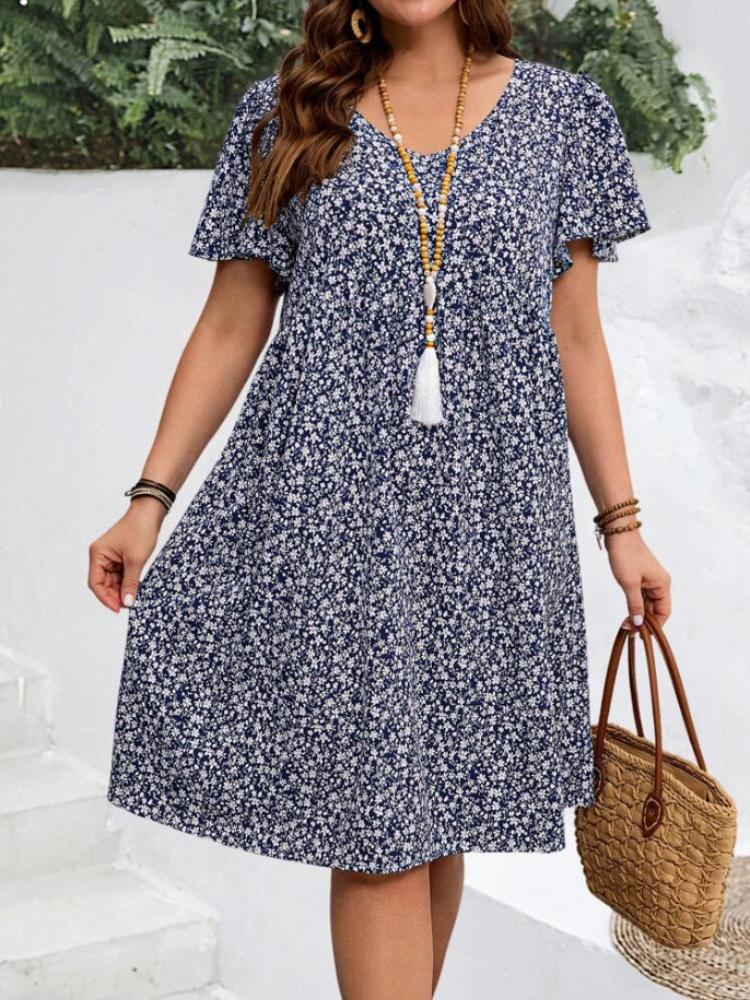 Women's Floral Print V-Neck Short Sleeve Bohemian Dress with Geometric Patterns