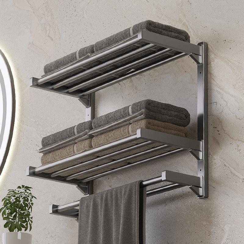 Buckle stainless steel bath towel rack, household bathroom towel rack, no punching, bathroom shower towel storage rack