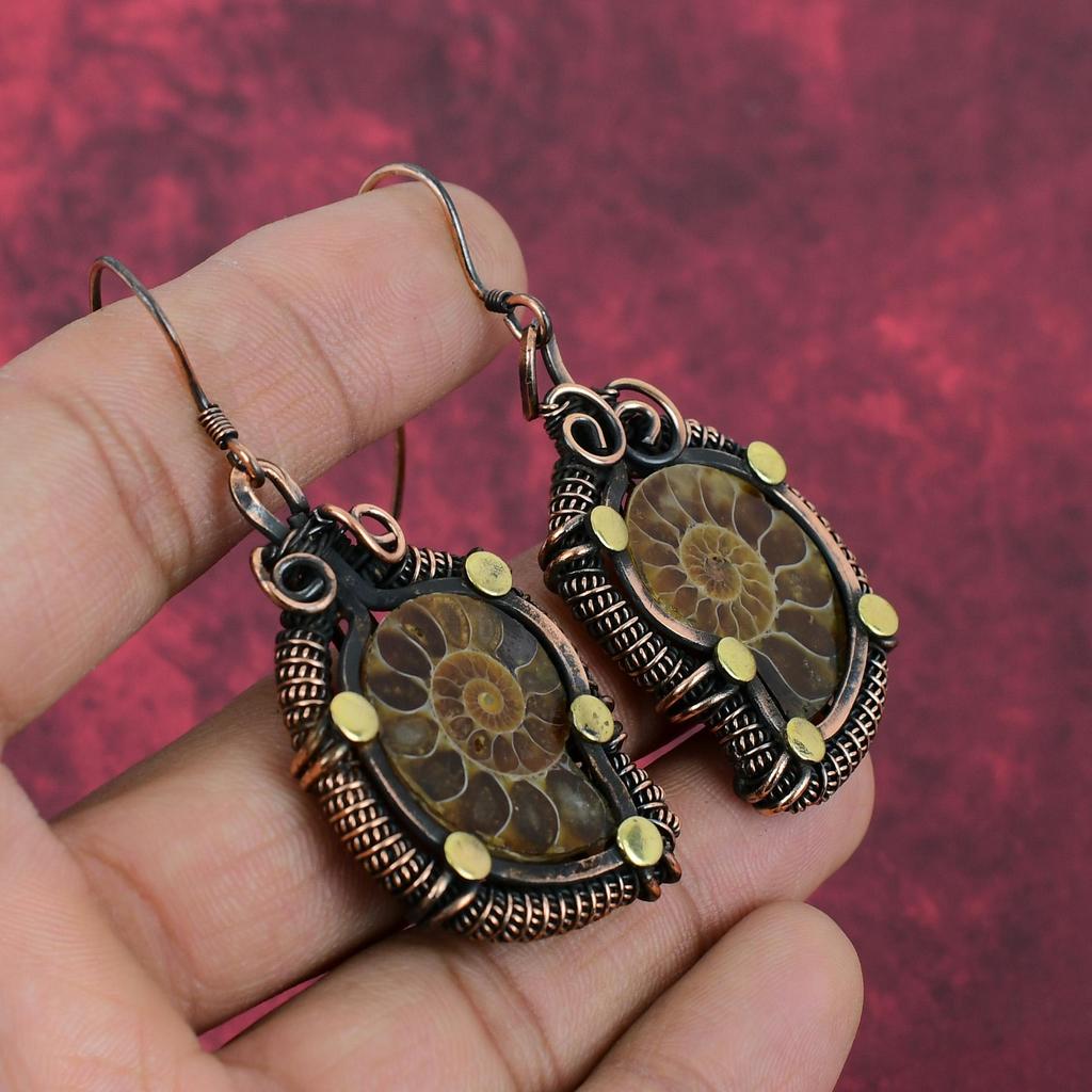Ammonite Fossil Earring Copper Wire Wrapped Earring Elegant Jewelry Handmade Gemstone Earring Gifts For Wife Stylish Earrings Copper Jewelry