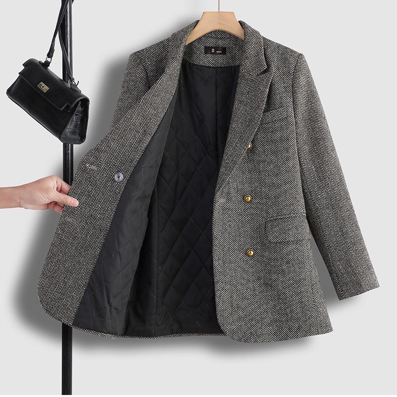 Women's Coffee-Colored Wool Blend Suit Jacket - Winter 2025, Padded, Thick, Loose Fit, Large Size.