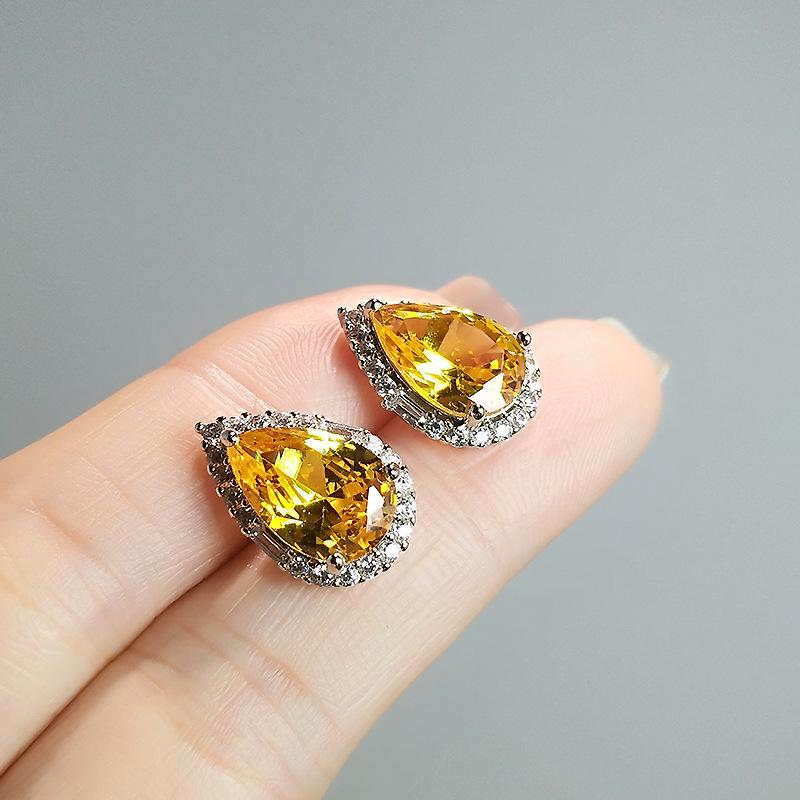 Water Drop Shaped Imitation Emerald Stud Earrings Light Luxury Yellow Zirconium Sea Blue Treasure White Gold High-End Earrings