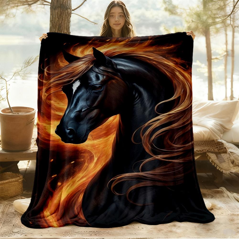 1pc Firehorse Flamepony Flannel Blanket, Comfortable and Warm Blanket, for Camping Sofa Bed and Couch Office020