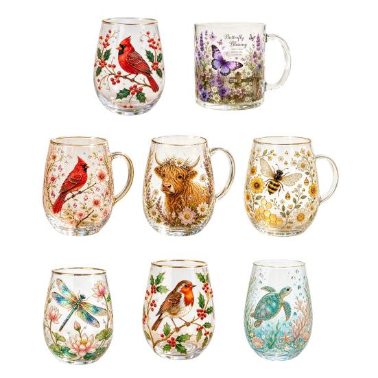 Morning Glass Tea Cup, Hummingbird Flower Pattern Tumbler with Gold Rim, Nature Themed Glassware for Tea Coffee Juice Wine Hot Cold Drinks Gift