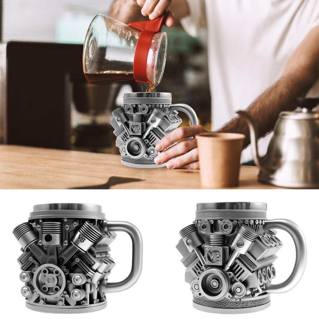 Cana din Oțel Inoxidabil Motor V6/V8 Cană de Cafea Durabilă Rezistentă la Rugină 350ML Cană cu Design Motoare cu Mâner pentru Pasionații de Mașini
