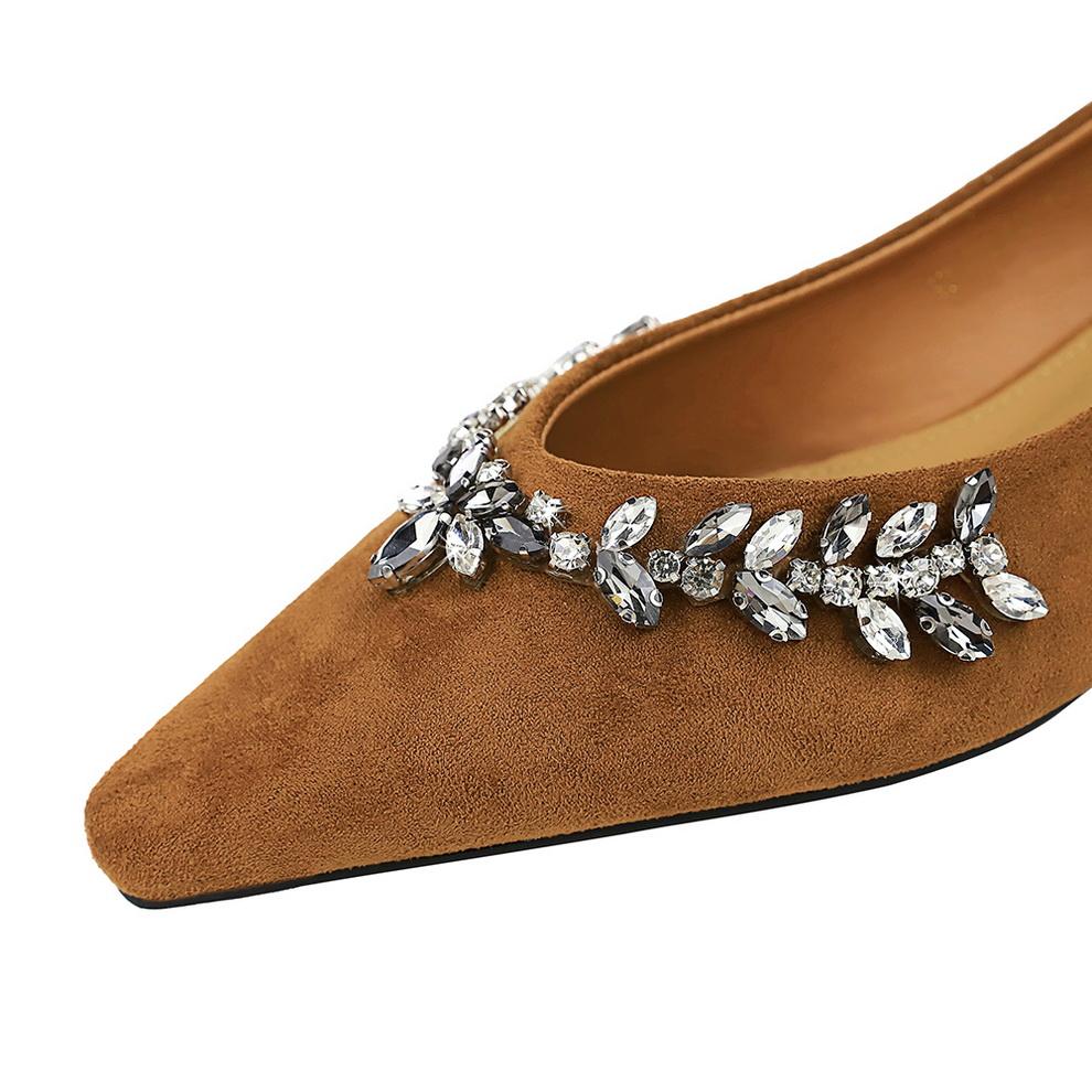 French Pointed Rhinestone Chain Decoration Single Shoe Suede Shallow Mouth Slope Heel Low Heel Women's Shoes