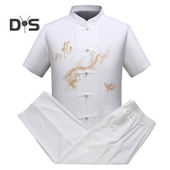 

2 шт./комплект мужской рубашки и брюк костюм в китайском стиле Тан костюм для утренней тренировки тачи одежда с воротником-стойкой короткий рукав однобортный широкий штанин 3XL белый