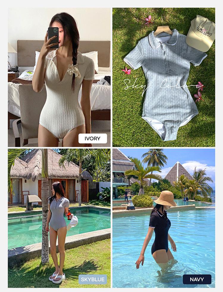 Source Solid Color Knitted Lapel French Muse Premium Short Sleeve Skinny Conservative French One-piece Swimsuit