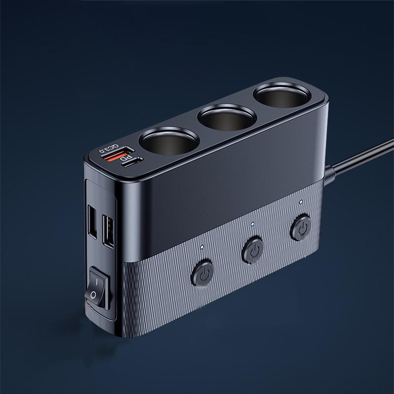 High-Power 128W Car Charger: 3-in-1 with Switch, QC3.0 Fast Charge, and PD30W