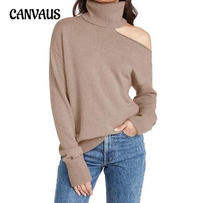 Autumn and Winter Women's Knitwear Solid Colour Lapel Leakage Shoulder Sexy Knitted Sweater