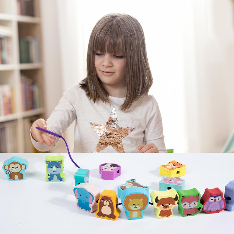 Wooden beaded baby rope stacking high building block large particle stacking music wooden educational balance toy