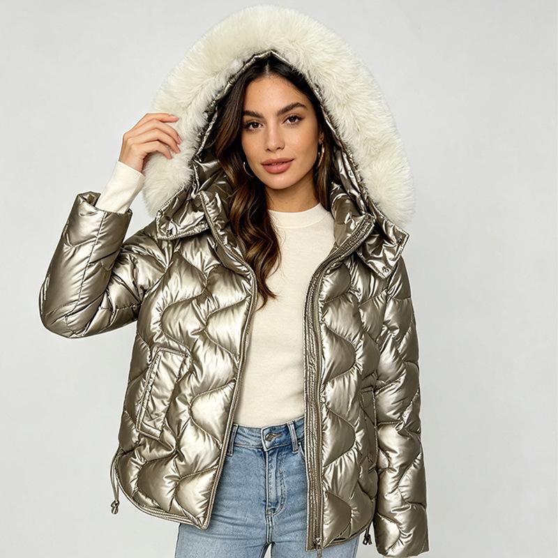 European and American new thermal padded clothes, women's slim women's padded clothes, short large fur collar thermal padded jackets