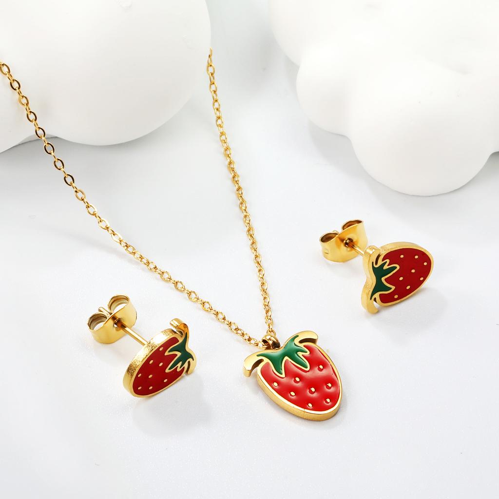 Sweet Strawberry Fruit Drip Oil Necklace Earrings Jewelry Set Cute Gift For Women Girls