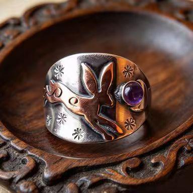 Hot-selling new European and American luxury retro silver-plated purple gemstone animal shape ring