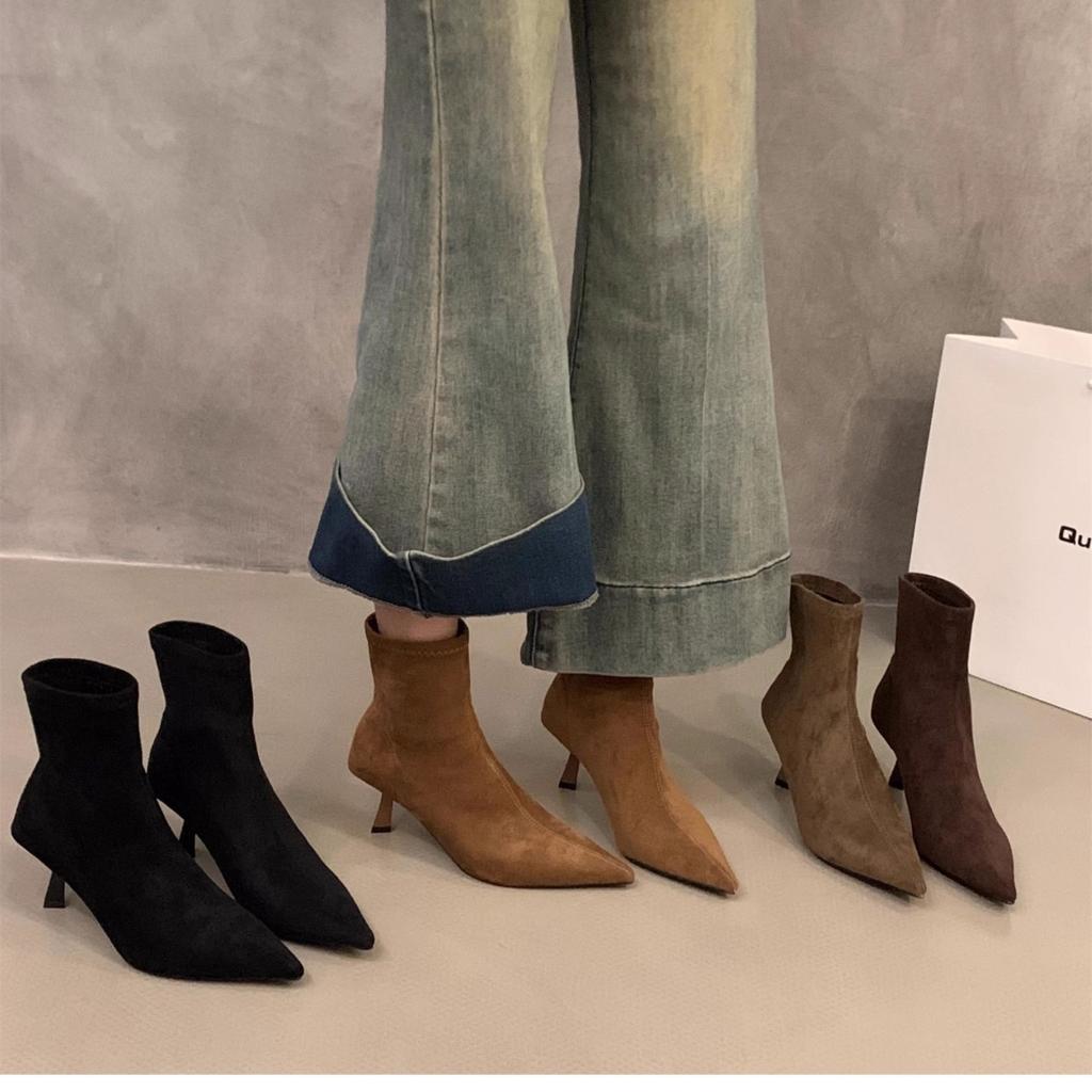 High heeled pointed brown suede short boots for women 2026 new autumn and winter with suede French ankle boots
