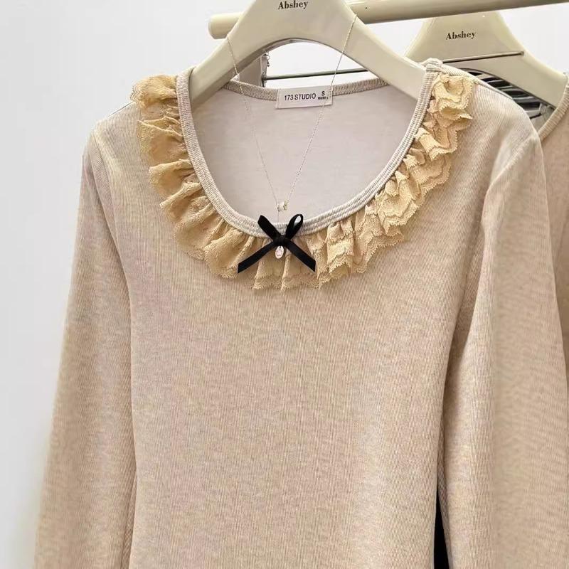 Designed and comfortable long-sleeved shirt women's early autumn thin trendy lace slim bottoming shirt round neck top