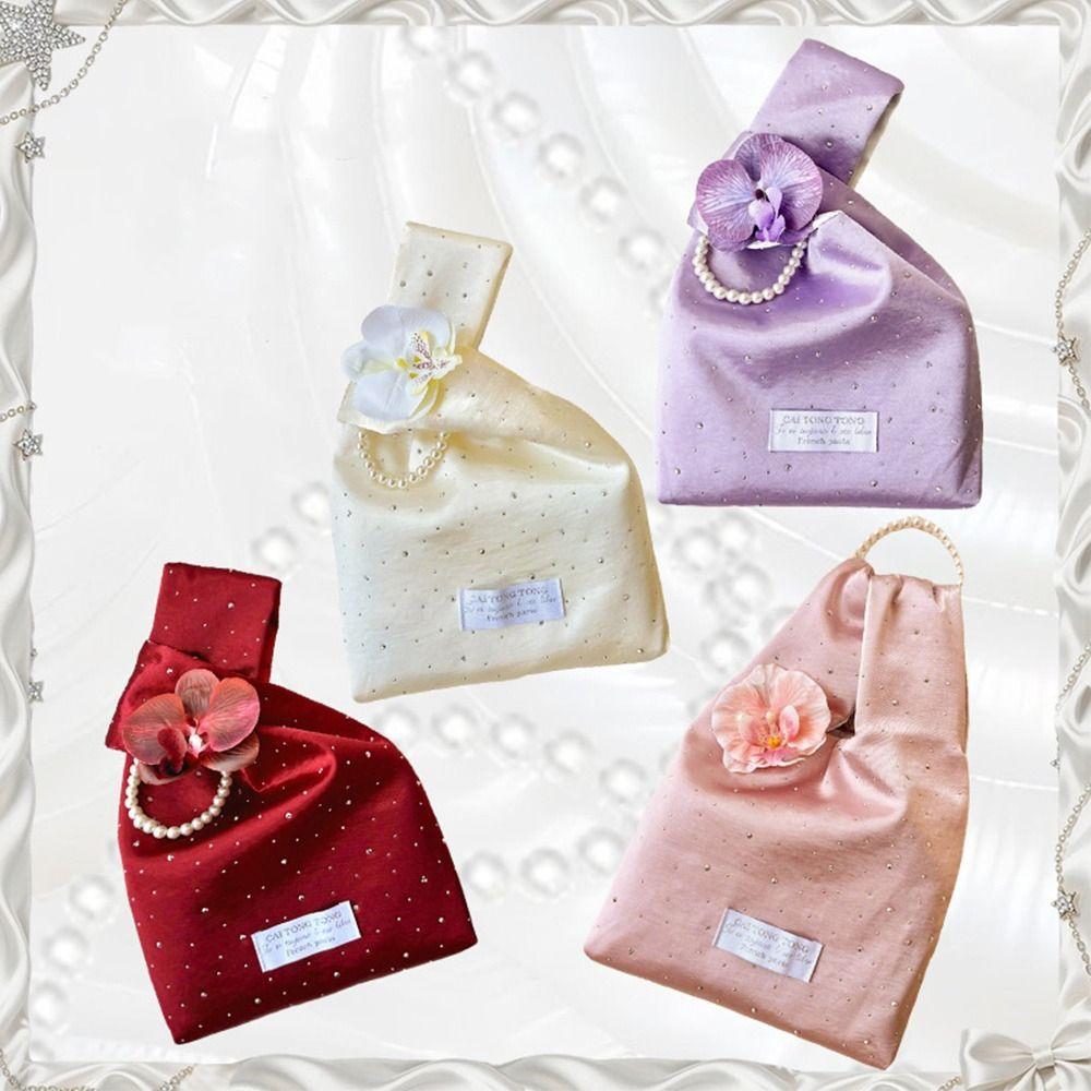 Crystal Satin Wrist Bags Washable Moth Orchid Small Bucket Bags Shining Handheld Gift Jewelry Bags For Girl Lady Women Female