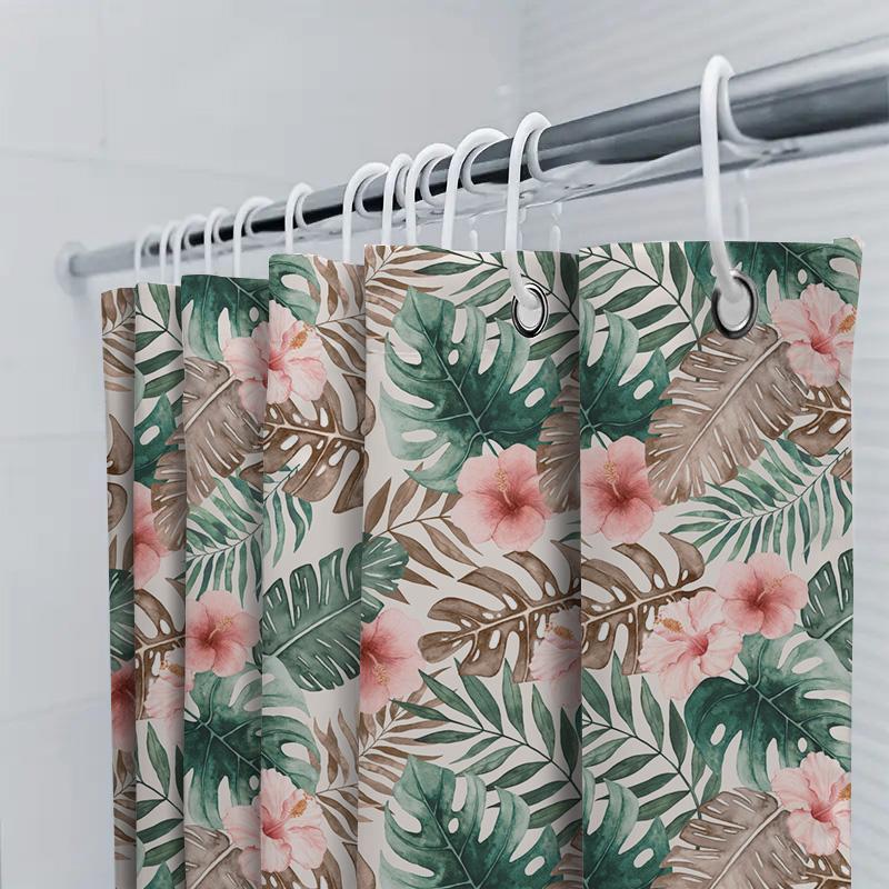 Green Tropical Leaves Shower Curtain Pink Hibiscus Waterproof Fabric Bathroom Decor Modern Floral Design