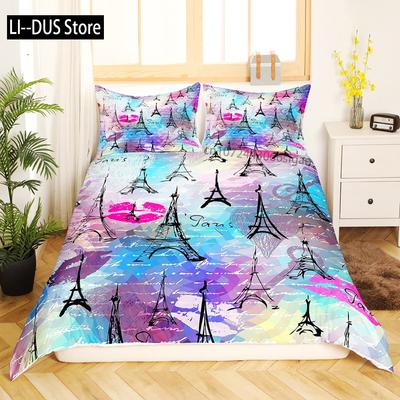 Eiffel Tower Duvet Cover Set King Size Paris Tower Bedding Set For Boy Girl Polyester Paris Cityscape Wooden Texture Quilt Cover