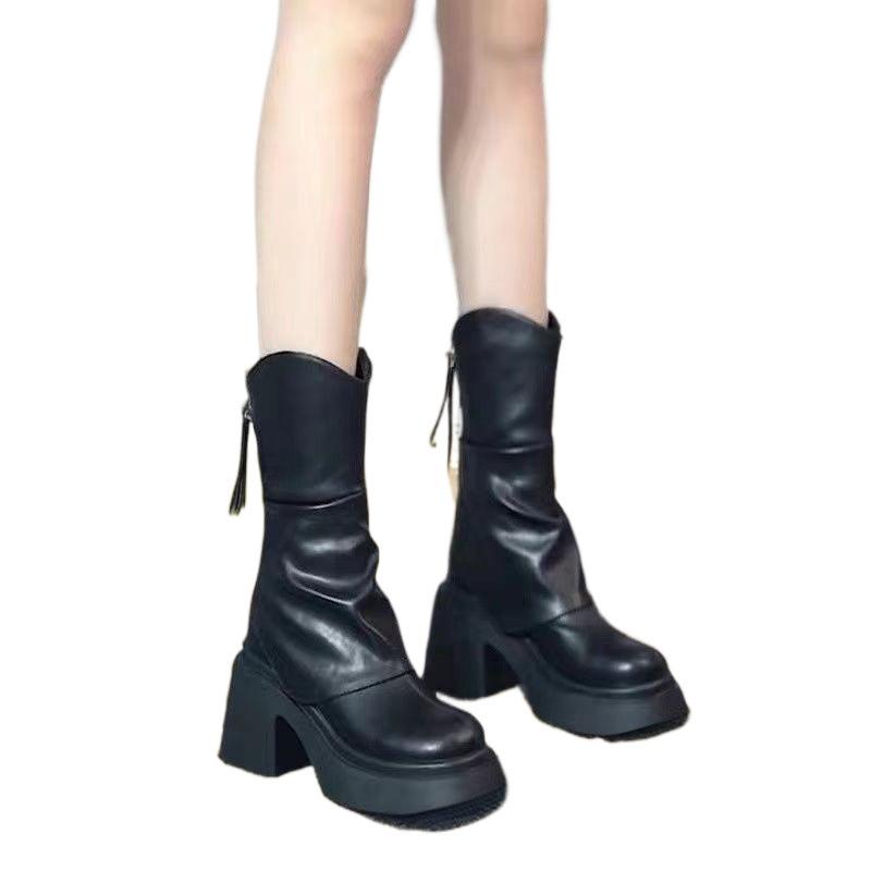 [3265 Personen Sammlung] Kleine dicksohlige erhöhende mittelhohe Martin-Stiefel Damen runde Spitze neu wasserdicht Plateau Europa und Amerika
