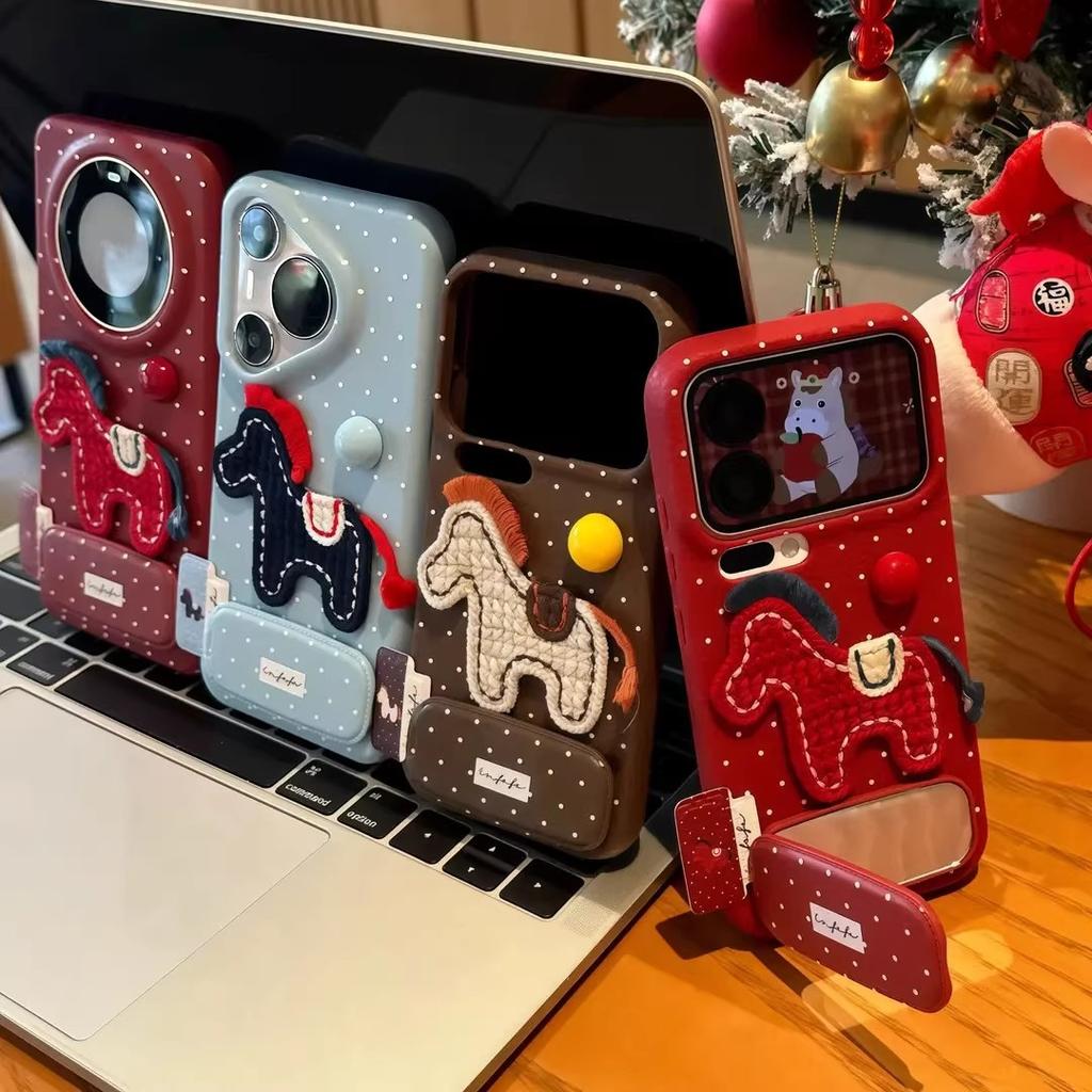 Douyin Hot-selling Application Apple 17 New Year's Mobile Phone Case Autumn and Winter Embroidery Knitted Pony Xiaomi 17 Bracket Protective Case