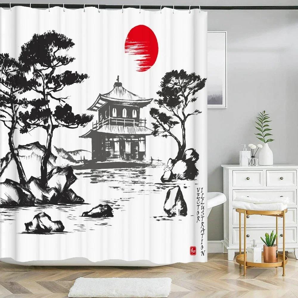 Japanese-Style Flowers Plum Blossom Shower Curtains Bathroom Curtain Frabic Waterproof Polyester Bath Curtain With Hooks