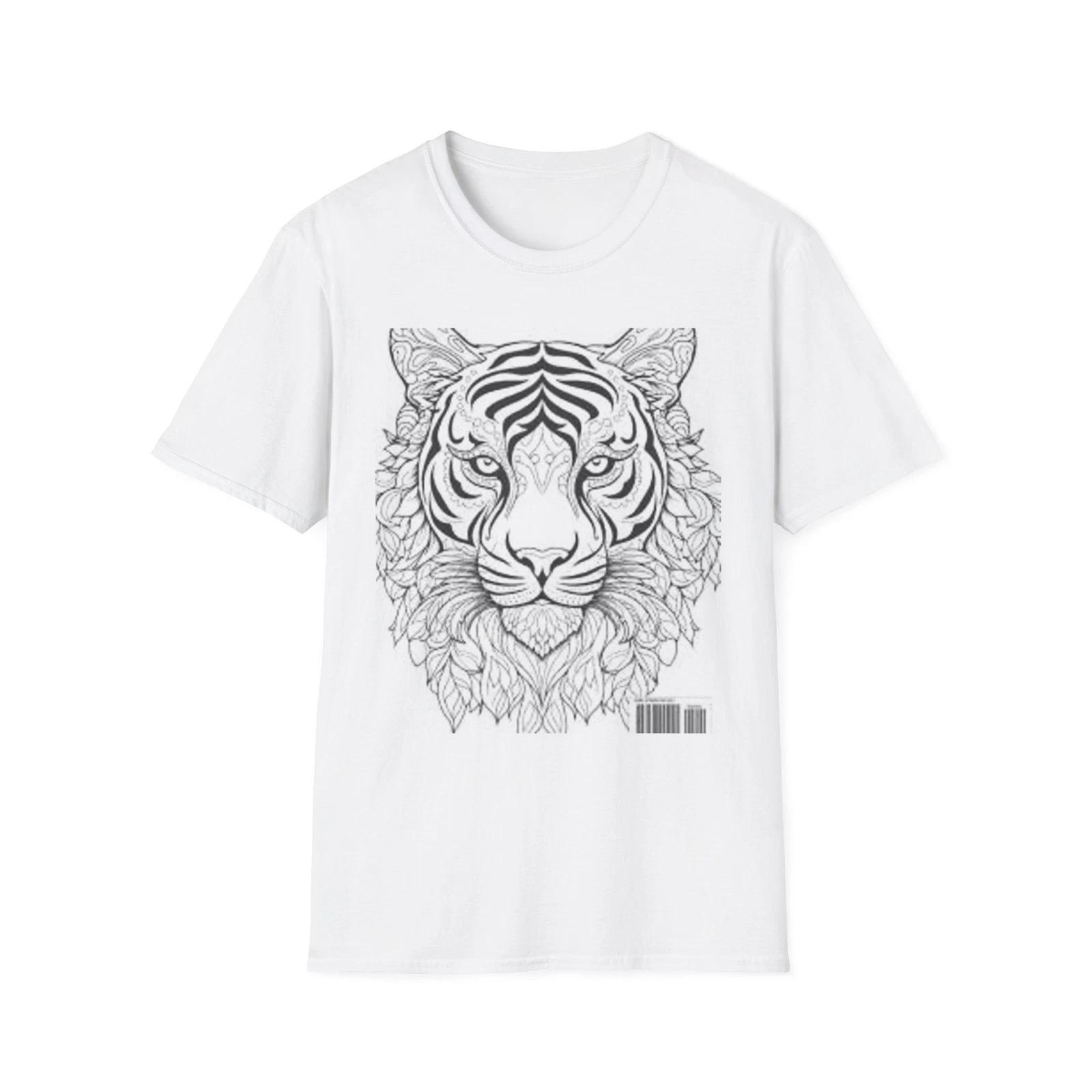 Detailed Tiger Face Illustration T-Shirt | Floral Line Art S