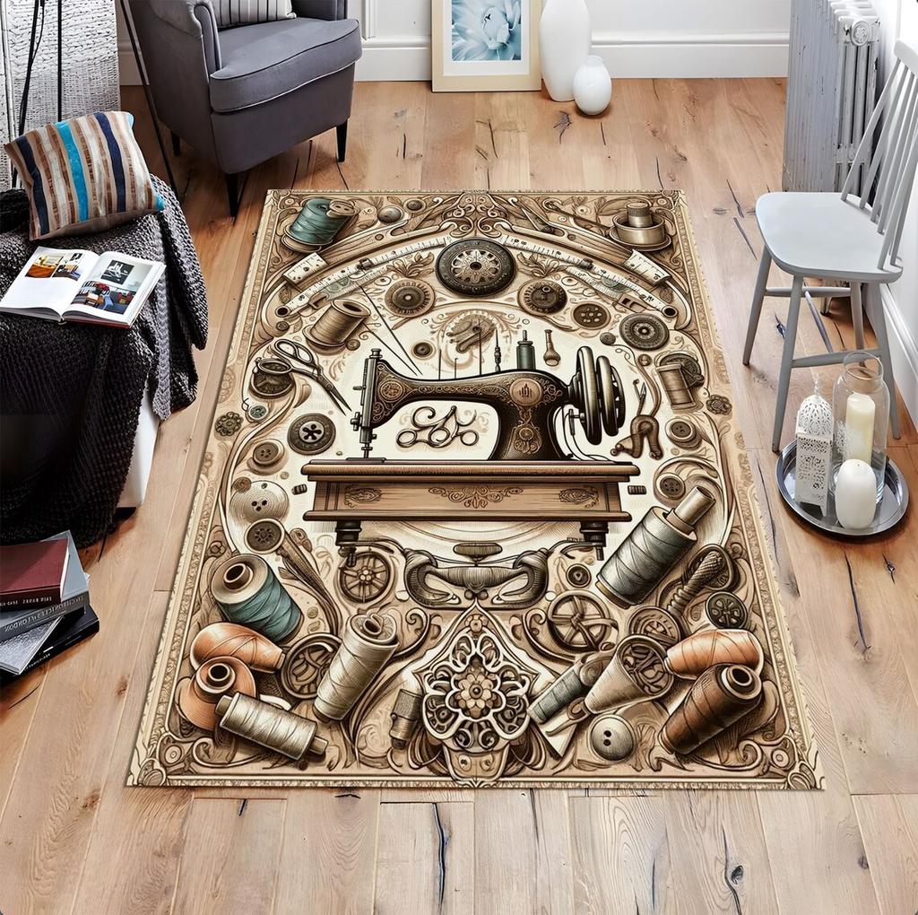 Vintage Sewing Machine Design Area Rug Non-Slip Flannel Carpet for Home Office Living Room Bedroom Decor Floor Mat