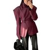 Womens 2026 Streetwear Blazer Jacket - Solid Wine Red Stand Collar Single-Breasted Regular Fit Long Sleeve