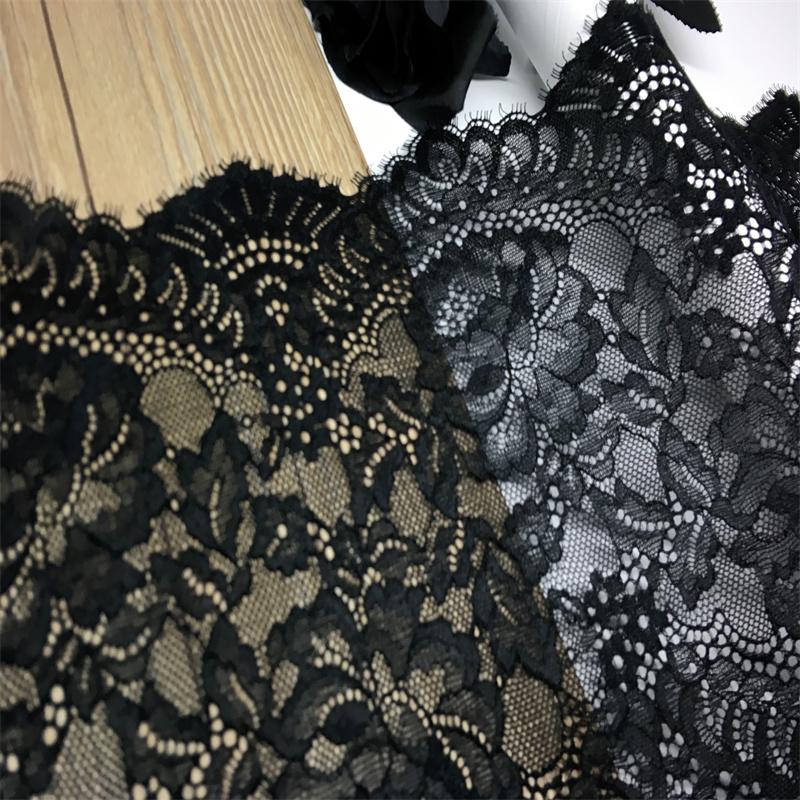 22.5cm wide Black Elastic Chantilly Eyelash Fabric Lace for Lingerie, Bra, Underwear, Garment, Sewing & Crafting