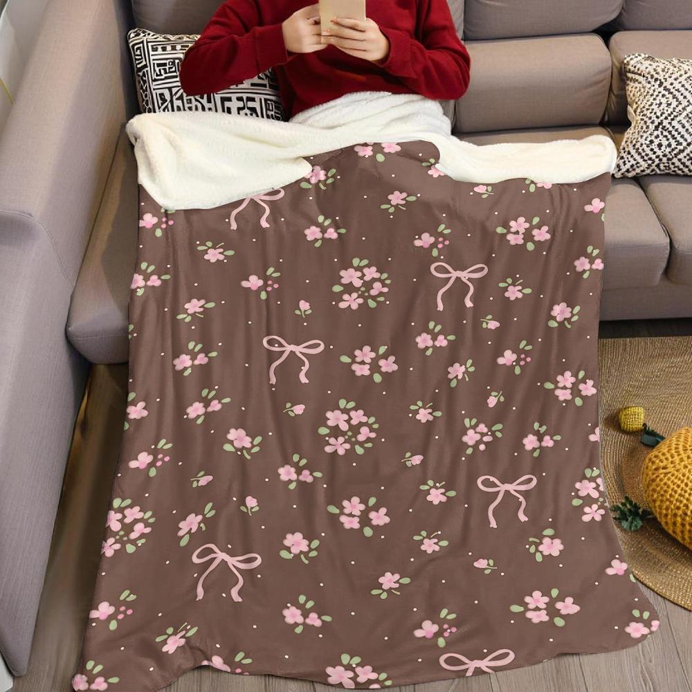 Choco Floral Bow Flannel Blanket Warm Soft Halloween Christmas Couch Warm Cozy Decorative Decor Gift For All Season
