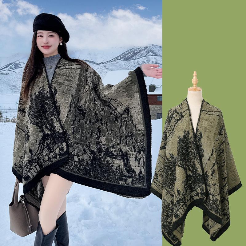 Mantella Poncho Aperta Davanti con Stampa Paesaggistica Lavorazione a Maglia Spessa Calda Coperta da Viaggio Sciarpa Avvolgente