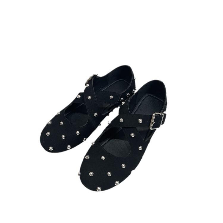 Cowhide version~ Rivet cross one-word buckle flat-soled ballet shoes for women's 2025 new Korean version of round-headed grandma shoes
