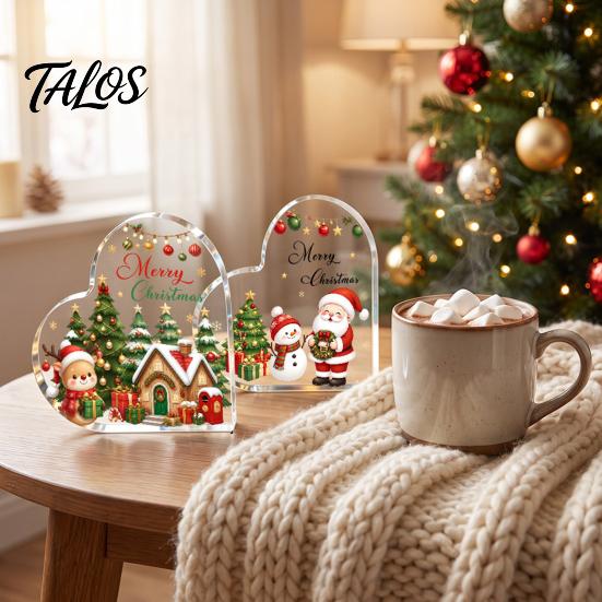Romantic Christmas Gifts Heart Shaped Acrylic Tabletop Sign, 2D Winter Snow Scene Desktop Ornament Holiday Centerpieces with Santa, Snowman