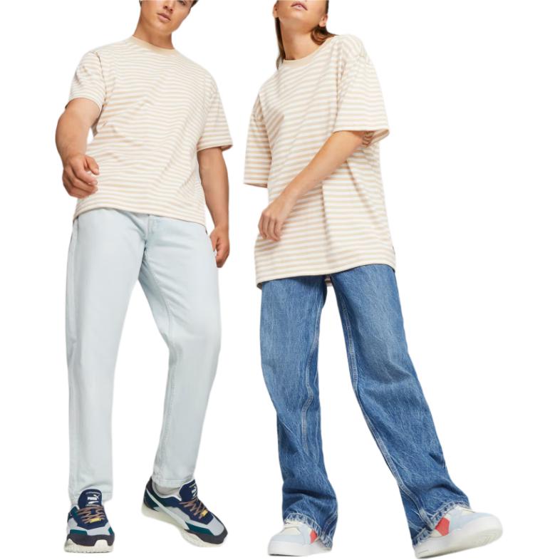 Puma Mmq Servis Hattı Çizgili Bol Kesim Yuvarlak Yaka Kısa Kollu Tişört Unisex Üstler Yulaf Ezmesi 620839-88