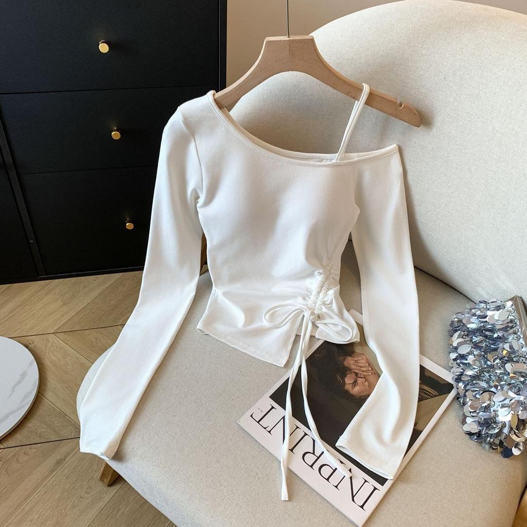 Sweet & Spicy Korean One-Shoulder Drawstring Long-Sleeve Slim Fit Women's T-Shirt - Autumn Collection