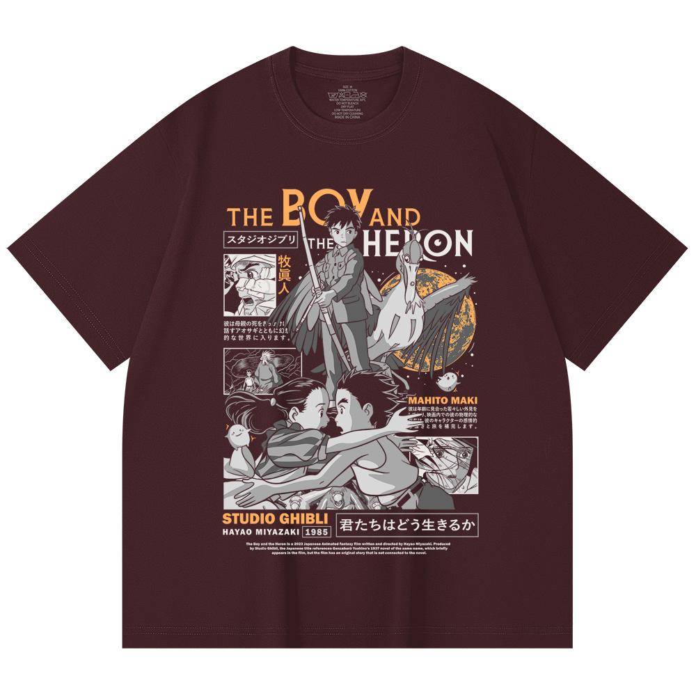 

230 Gsm 100% Cotton Ghibli V3 The Boy The Heron Print Unisex Heavy Cotton T Shirt 2XL вина червоного кольору
