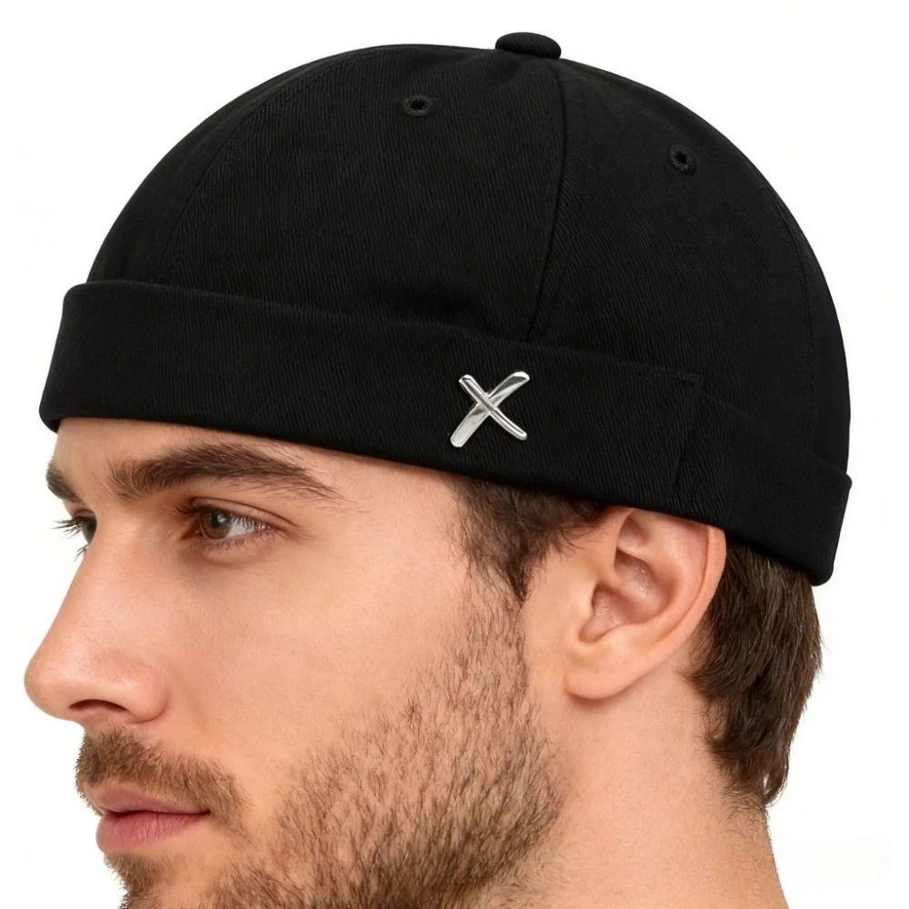 Hip Hop Dome Melon Cap Metal X Logo Brimless Skullies Cap Fashion Docker Cap  Outdoor