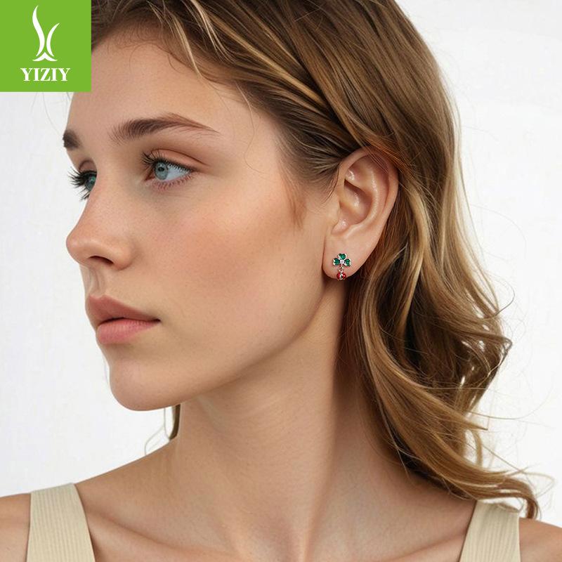 Four-Leaf Clover Ladybug Stud Earrings Female, Lucky Natural Fresh S925 Sterling Silver Earrings Earrings