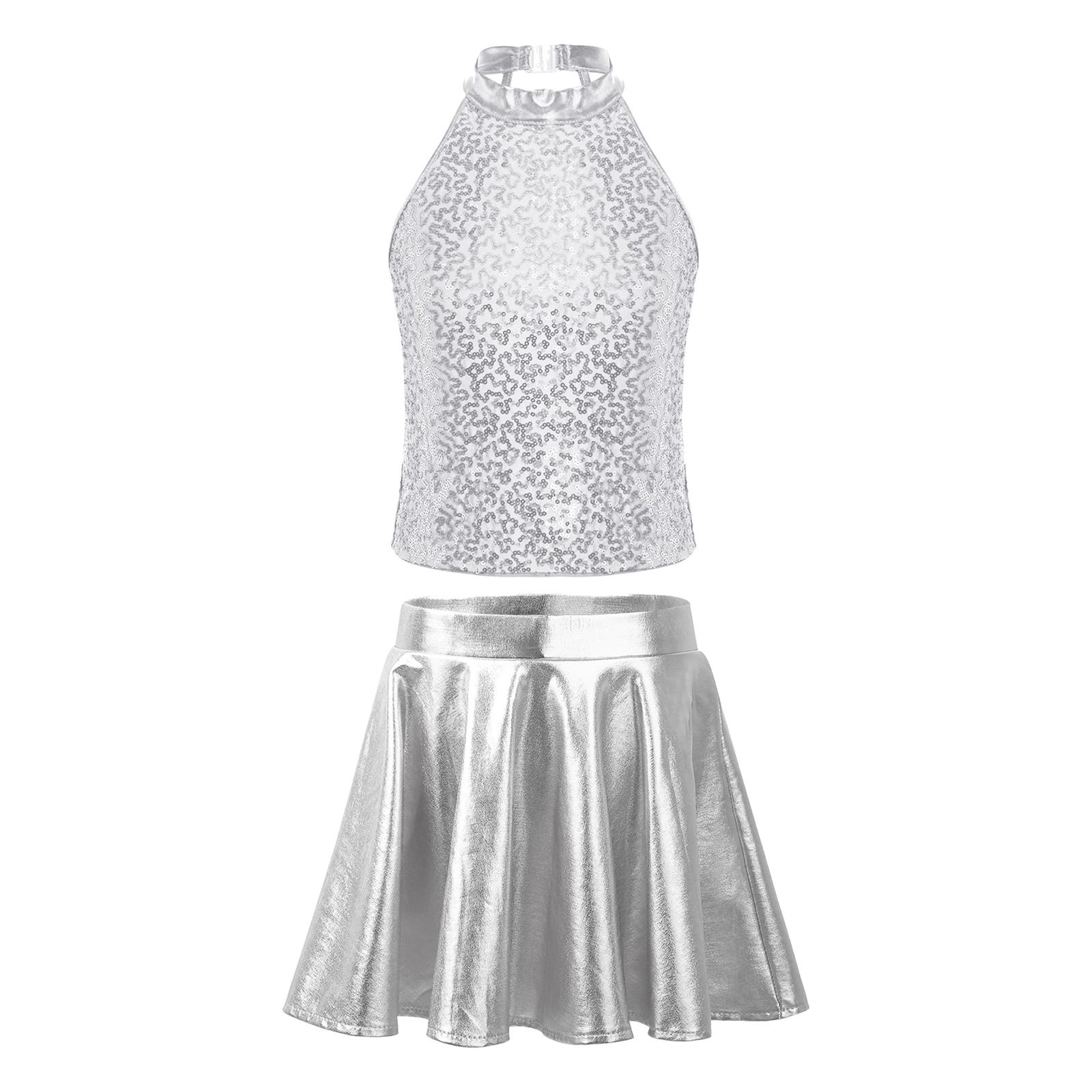 

Girls Sleeveless Backless Shiny Sequin Halter Crop Top Metallic Skirt Cheerleading Costume Set7.65 5-6 Years срібний