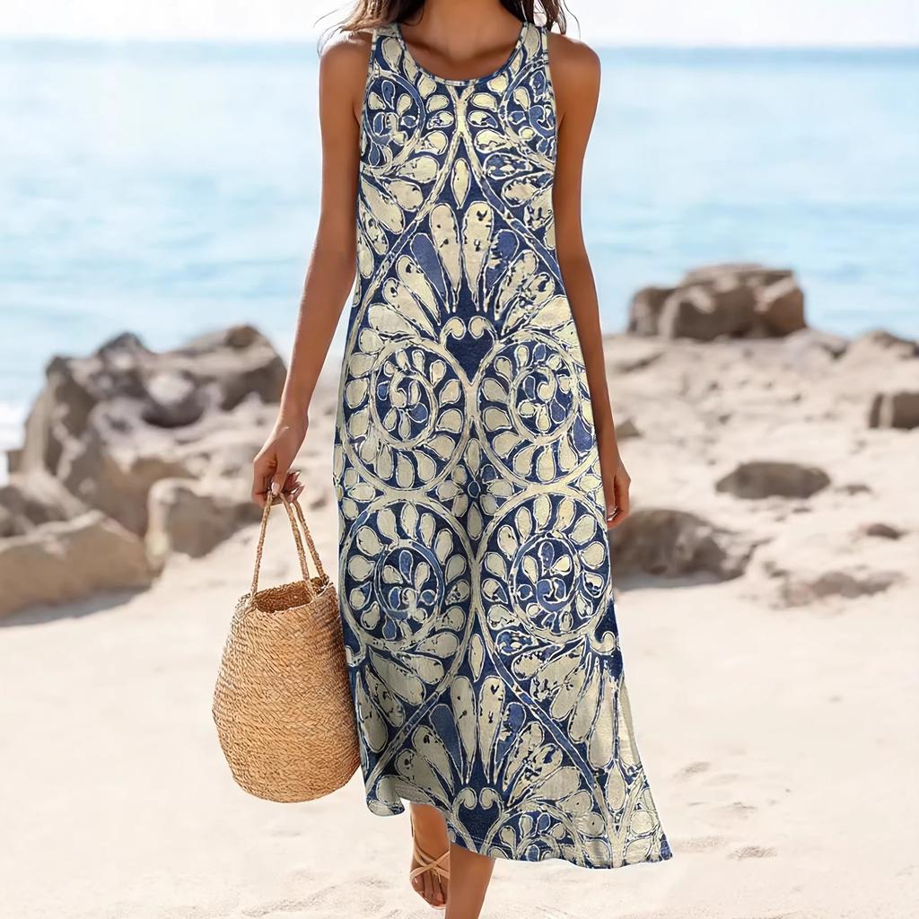 2026 Europe, America, Vintage Printed Bohemian Holiday Style Loose Skinny Sleeveless Dress