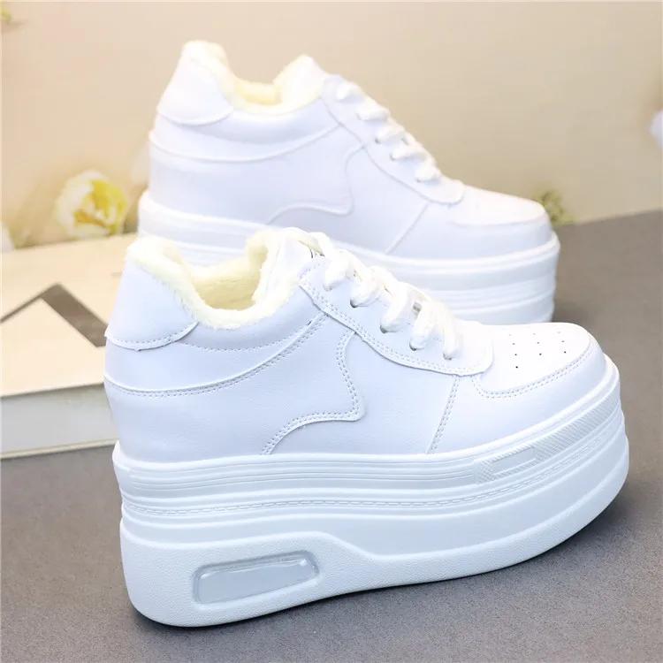 Fashion 12CM Chunky Sneakers for Women Fashion Fur Lined PU Leather Winter Shoes Casual Warm Walking Sport Tennis Ankle Botas